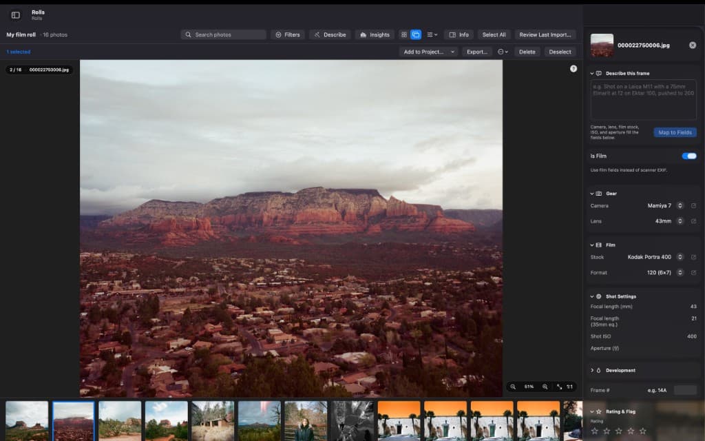 Rolls loupe view with film metadata inspector